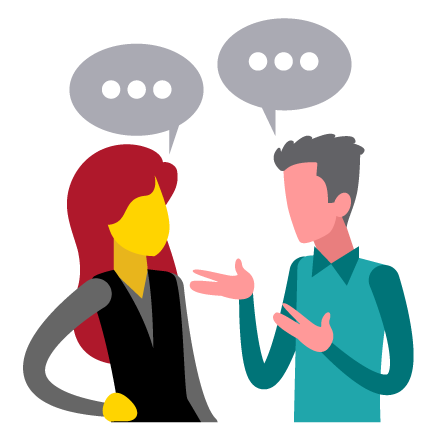 Ilustração de duas pessoas, uma figura masculina e outra feminina, conversando. Sobre ambos há o símbolo de reticências dentro de um balão de fala.