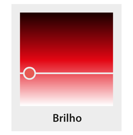 Ilustração de um quadrado preenchido com a gradação da cor vermelha; no topo há a cor preta e na base há a cor branco. Abaixo dele há o texto: Brilho