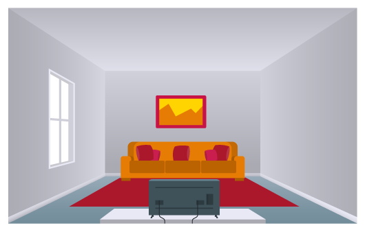 Ilustração de uma sala de estar retangular. É possível ver três paredes, o teto e uma janela. Na sala há um sofá, um tapete, uma tv e um quadro. As três paredes laterais e o teto são brancos