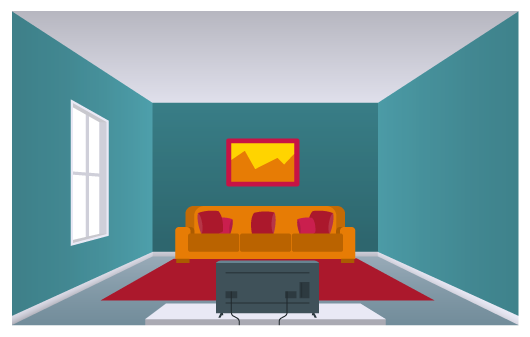 Ilustração de uma sala de estar retangular. É possível ver três paredes, o teto e uma janela. Na sala há um sofá, um tapete, uma tv e um quadro. As três paredes laterais estão pintadas de azul e o teto é branco