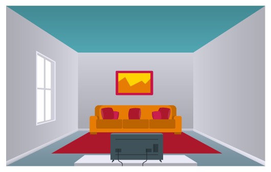 Ilustração de uma sala de estar retangular. É possível ver três paredes, o teto e uma janela. Na sala há um sofá, um tapete, uma tv e um quadro. As três paredes são brancas e o teto está pintado
								 de azul