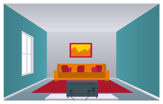 Ilustração de uma sala de estar retangular. É possível ver três paredes, o teto e uma janela. Na sala há um sofá, um tapete, uma tv e um quadro. As paredes laterais, opostas uma à outra, estão pintadas de azul; o teto e a parede central são brancos