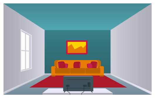 Ilustração de uma sala de estar retangular. É possível ver três paredes, o teto e uma janela. Na sala há um sofá, um tapete, uma tv e um quadro. As paredes laterais, opostas uma à outra, são brancas; o teto e a parede central estão pintados de azul