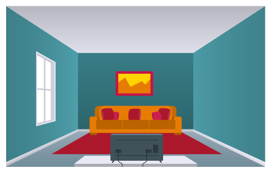 Ilustração de uma sala de estar retangular. É possível ver três paredes, o teto e uma janela. Na sala há um sofá, um tapete, uma tv e um quadro. As três paredes laterais estão pintadas de azul e o teto é branco