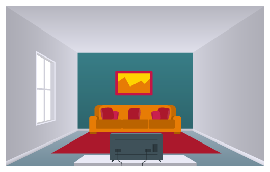 Ilustração de uma sala de estar retangular. É possível ver três paredes, o teto e uma janela. Na sala há um sofá, um tapete, uma tv e um quadro. As paredes laterais, opostas uma à outra, e o teto são brancos; a parede central está pintada de azul