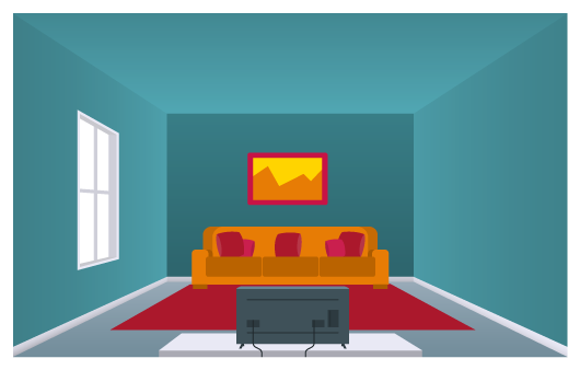 Ilustração de uma sala de estar retangular. É possível ver três paredes, o teto e uma janela. Na sala há um sofá, um tapete, uma tv e um quadro. As três paredes laterais e o teto estão pintados de azul.