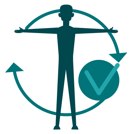 Ilustração de uma figura humana de pé, com pernas e braços abertos. Ao redor dela, duas setas em círculo e o ícone de verificado.