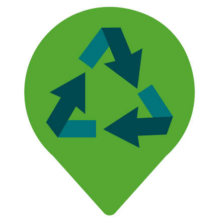 Ilustração de um pin de localização. Dentro dele há o símbolo de reciclagem (três setas que apontam uma para outra e formam um triângulo).