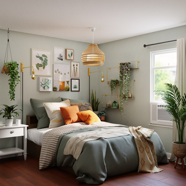 Fotografia de um quarto. Há uma cama arrumada com lençol, colcha azul e almofadas, um listre, plantas penduradas na parede e na estante e quadros. As paredes são verde-claro.