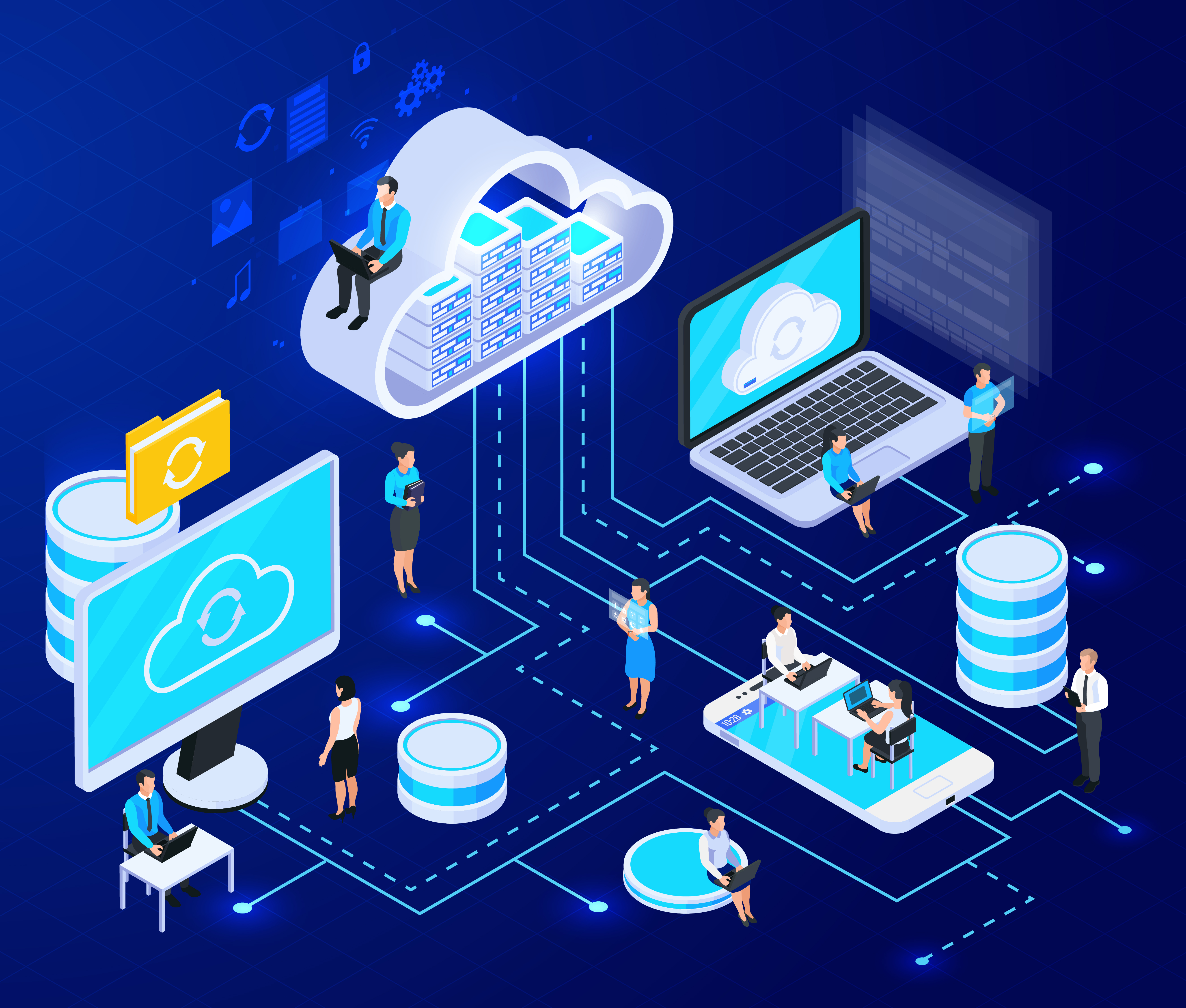 Composição isométrica de serviços em nuvem com grade de elementos de infraestrutura de computação em nuvem conectados com ilustração vetorial de linhas tracejadas. Há diversos ícones, de pessoas andando em labirinto, de computação em nuvem, uma tela de computador, celular com pessoas sentadas sobre a tela, tudo em miniatura.