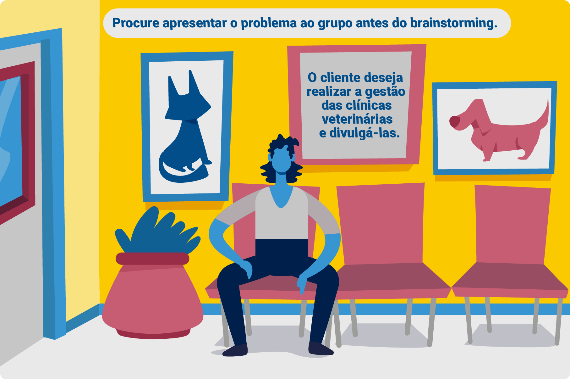 Ilustração de um ambiente interno neutro e com um pictograma representando uma pessoa.