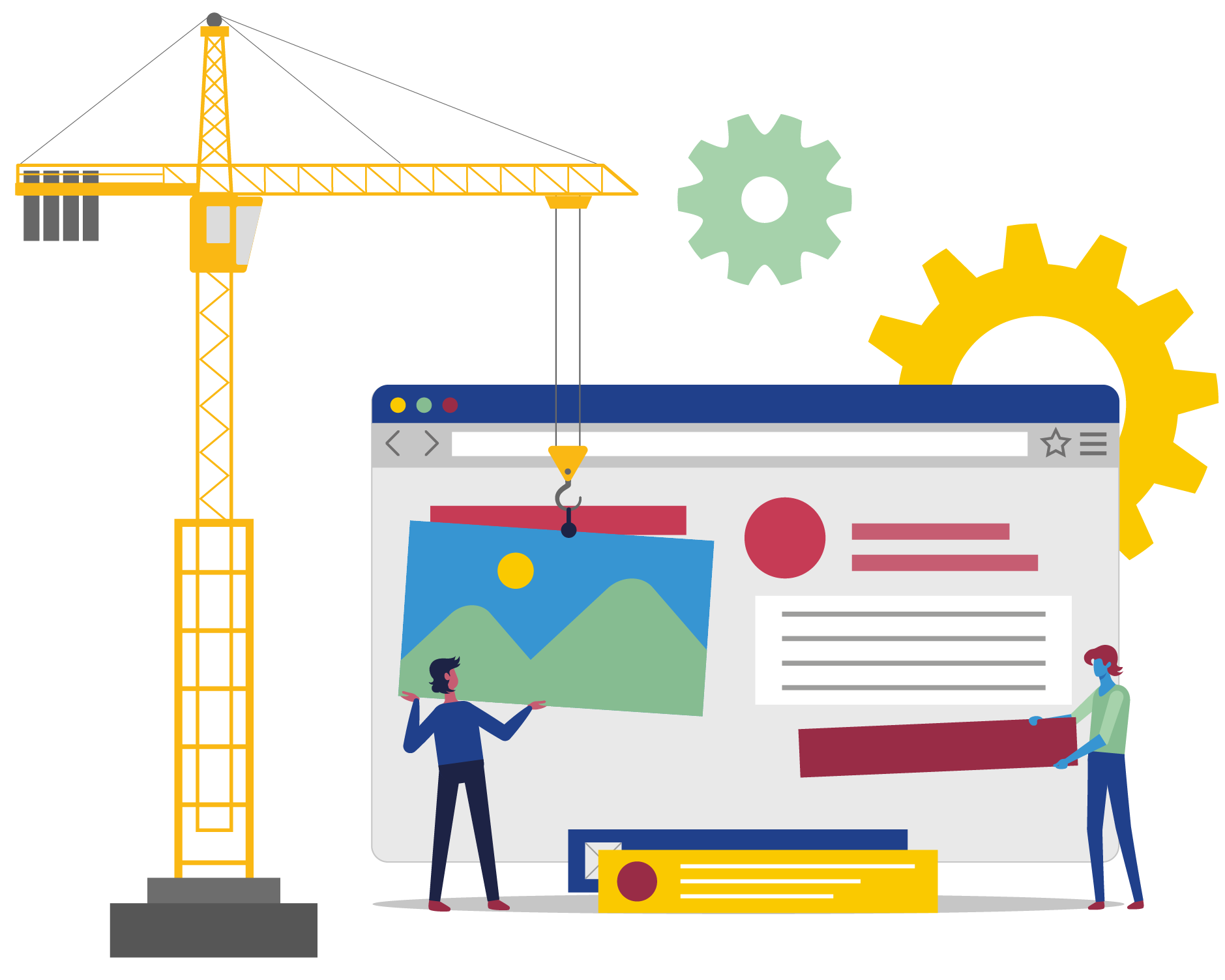 Ilustração representando o desenvolvimento de um site dinâmico com framework. Há uma janela de navegador, um guindaste e duas figuras humanas em primeiro plano. A janela do navegador tem a proporção de uma casa em relação ao guindaste e às figuras humanas. O guindaste levanta uma imagem até a posição correta dentro da página. Duas figuras humanas auxiliam no posicionamento dos blocos que compõem a página.