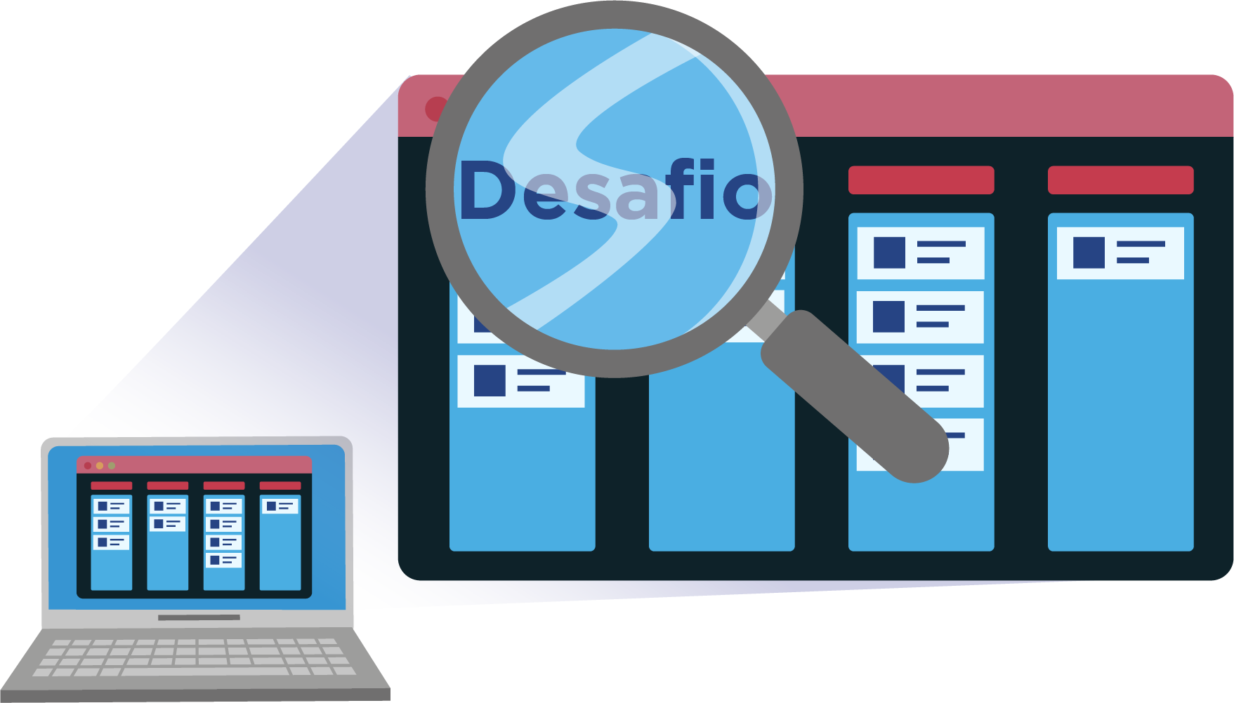 Ilustração de uma tela de notebook; nela, há uma lupa cinza que amplia a palavra “desafio”. Na tela do notebook, há a palavra HTML e linhas coloridas.