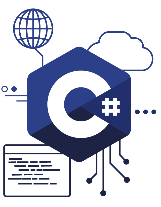 Ilustração composta pelo símbolo C#, a letra C com o símbolo # dentro de um losango tridimensional com pontas arredondadas, em primeiro plano. Em segundo plano, ao redor do símbolo C#, há as ilustrações de um globo terrestre, uma nuvem, uma janela de navegador, três pontos e três linhas com círculos nas terminações (representando linhas de um circuito eletrônico).