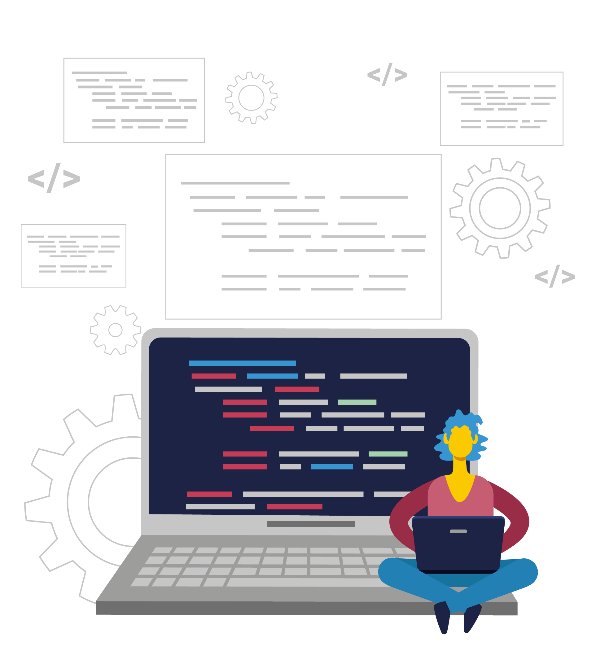 Ilustração de uma figura humana sentada em um notebook de grandes proporções aberto. A figura humana parece digitar em outro notebook aberto em seu colo. Na tela do notebook maior, há linhas representando código. Atrás dele, há vários elementos, como prompts de comando, engrenagens e símbolos de código.