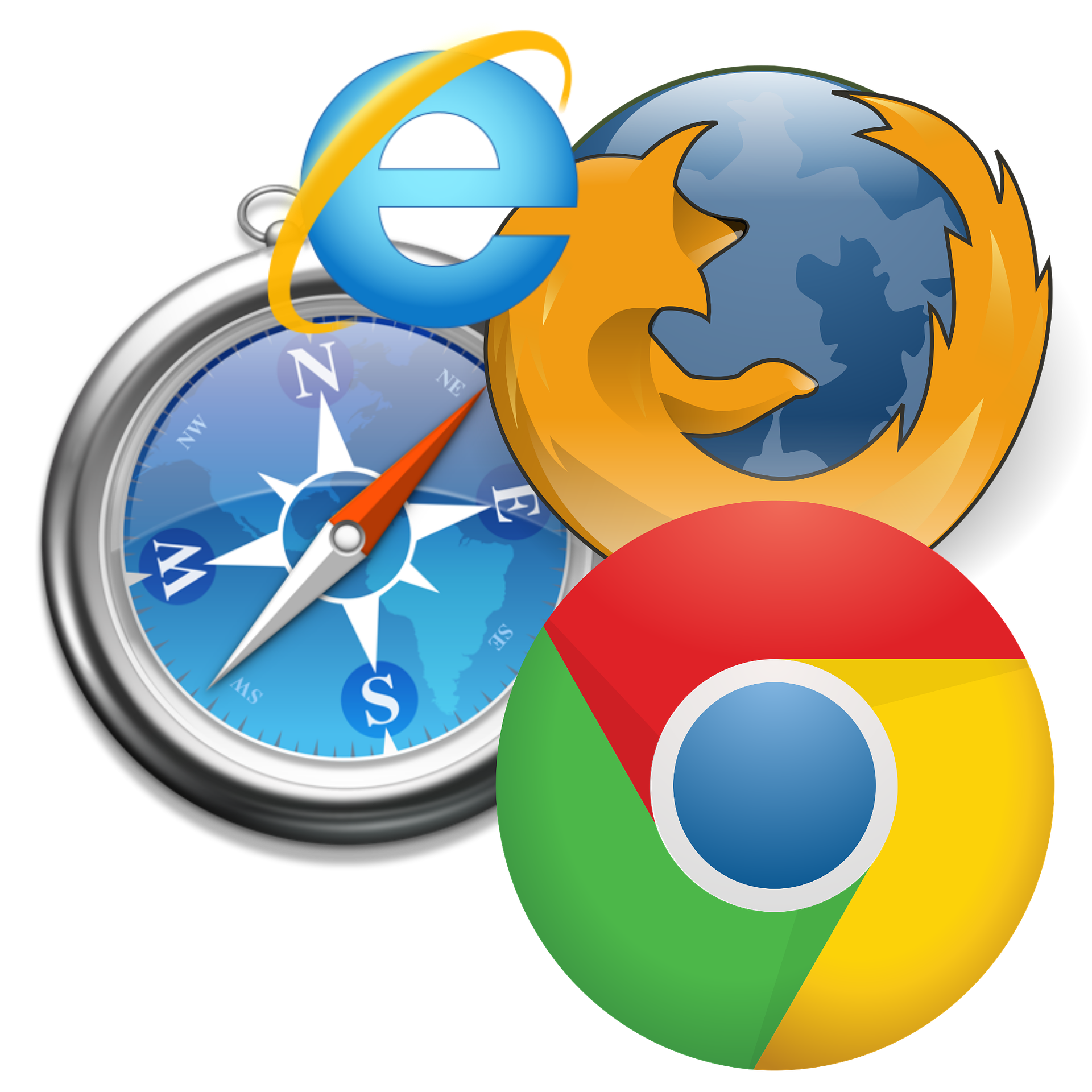 Imagem composta dos símbolos de navegadores populares: Chrome, IE, Firefox e Safari.