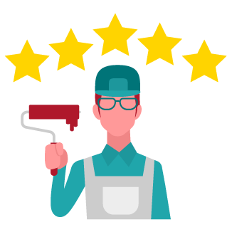 Ícone ilustrado de um homem usando boné e avental e segurando um rolo de pintura. Acima dele, cinco estrelas douradas.