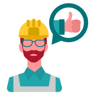 Ícone ilustrado de um homem usando óculos e capacete de proteção. Ao lado dele, um balão de fala com o sinal de joia.