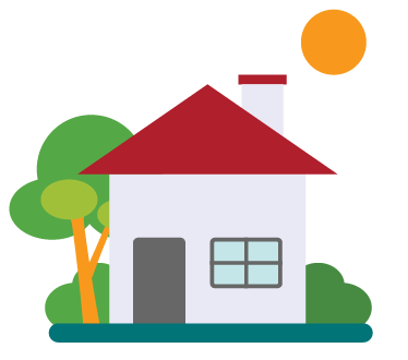 Ícone ilustrado de uma casa com porta, janela e chaminé. Em volta dela há árvores e arbustos e o dia está ensolarado.