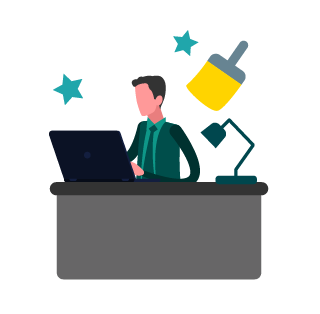 Ícone ilustrado de um homem sentado à mesa do escritório e utilizando um computador.