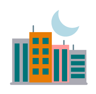 Ícone ilustrado de prédios em uma noite de lua.