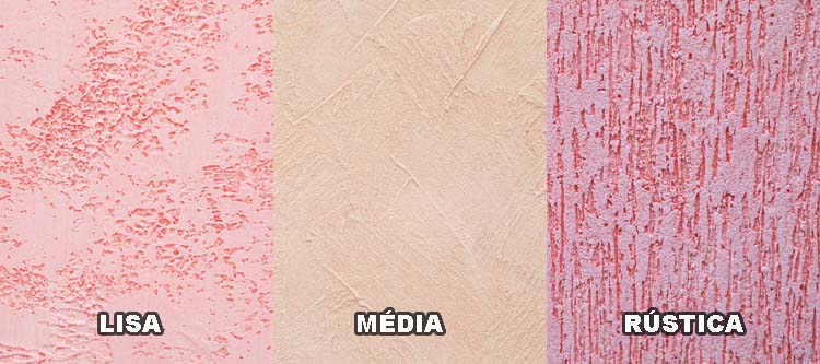 Composição com três fotografias de paredes com diferentes texturas. Abaixo de cada uma há o respectivo texto: lisa, média e rústica.