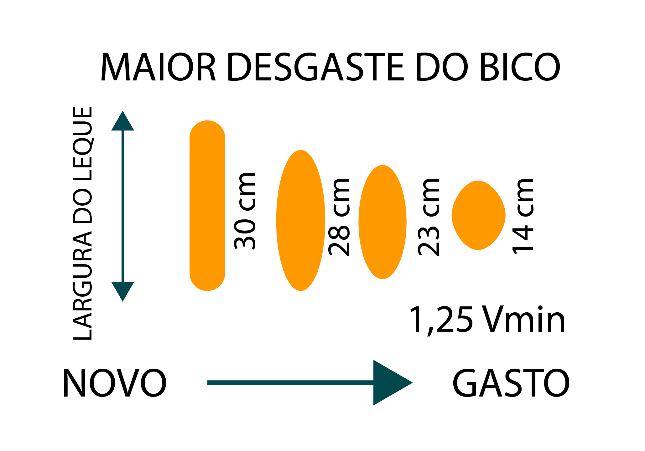 Gráfico que ilustra o desgaste do bico. Quanto mais novo é o bico, maior é a largura do leque. Há quatro momentos ilustrados: quando novo, com trinta centímetros de abertura; depois, um pouco gasto, com vinte e oito; depois, vinte e três; e, por último, já bastante gasto, com quatorze.