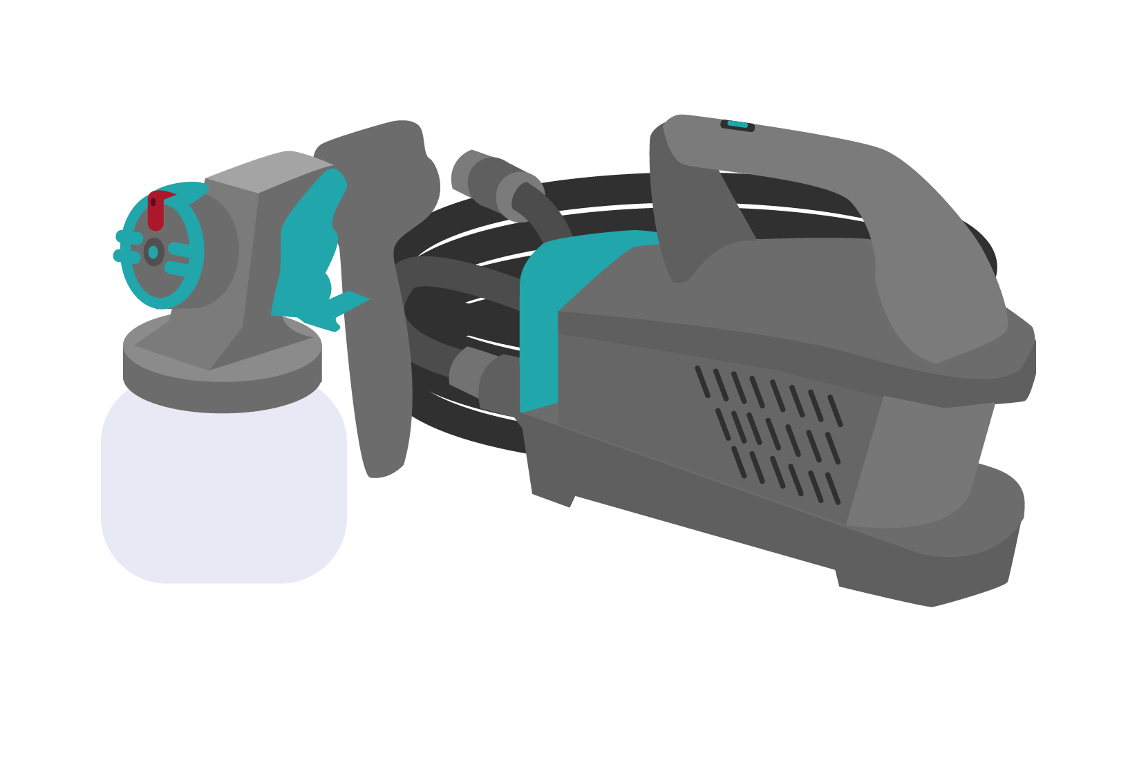 Ilustração de uma pistola pulverizadora (com motor e recipiente reservatório de produto).