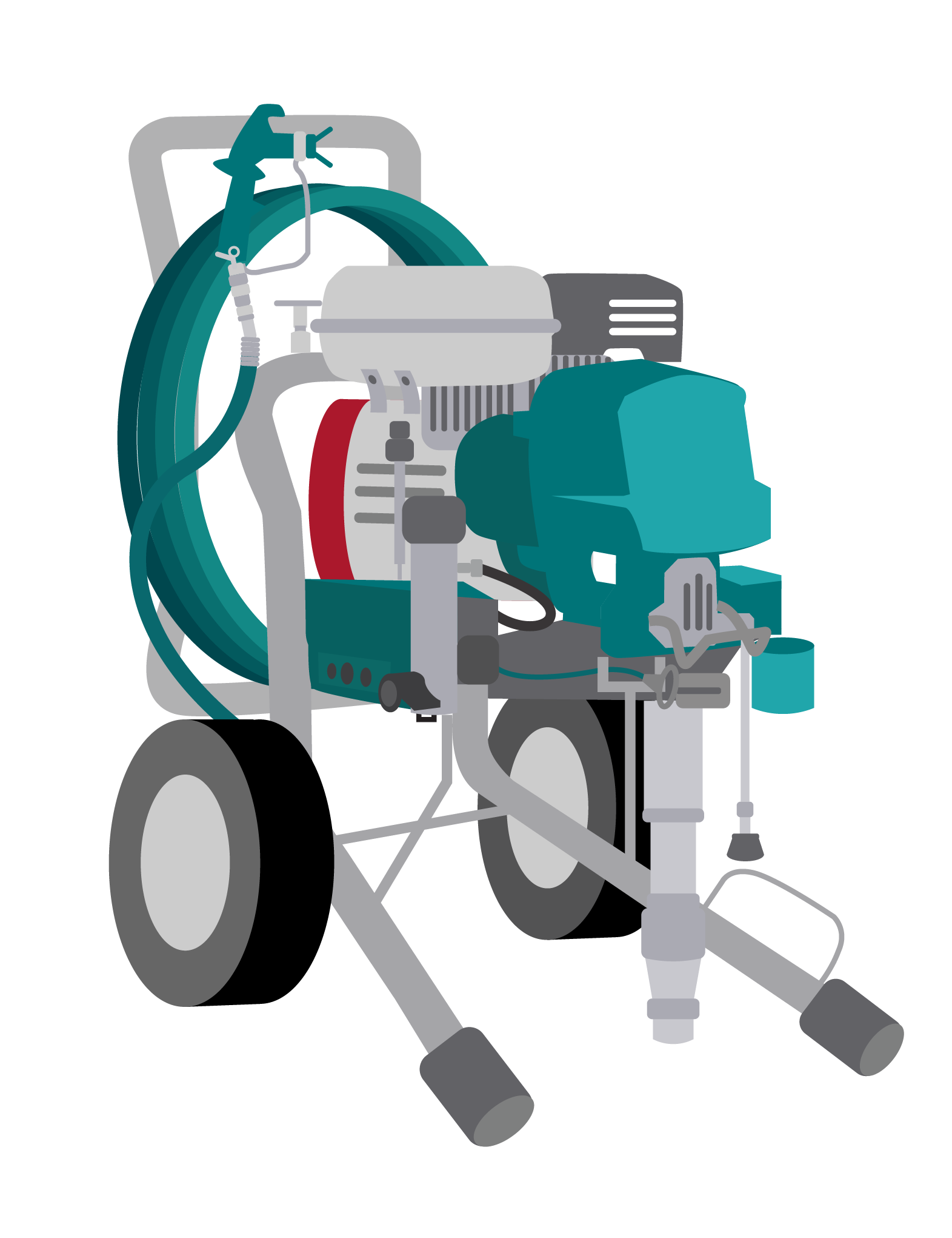 Ilustração de uma máquina airless a gasolina (com motor, rodas e mangueira).