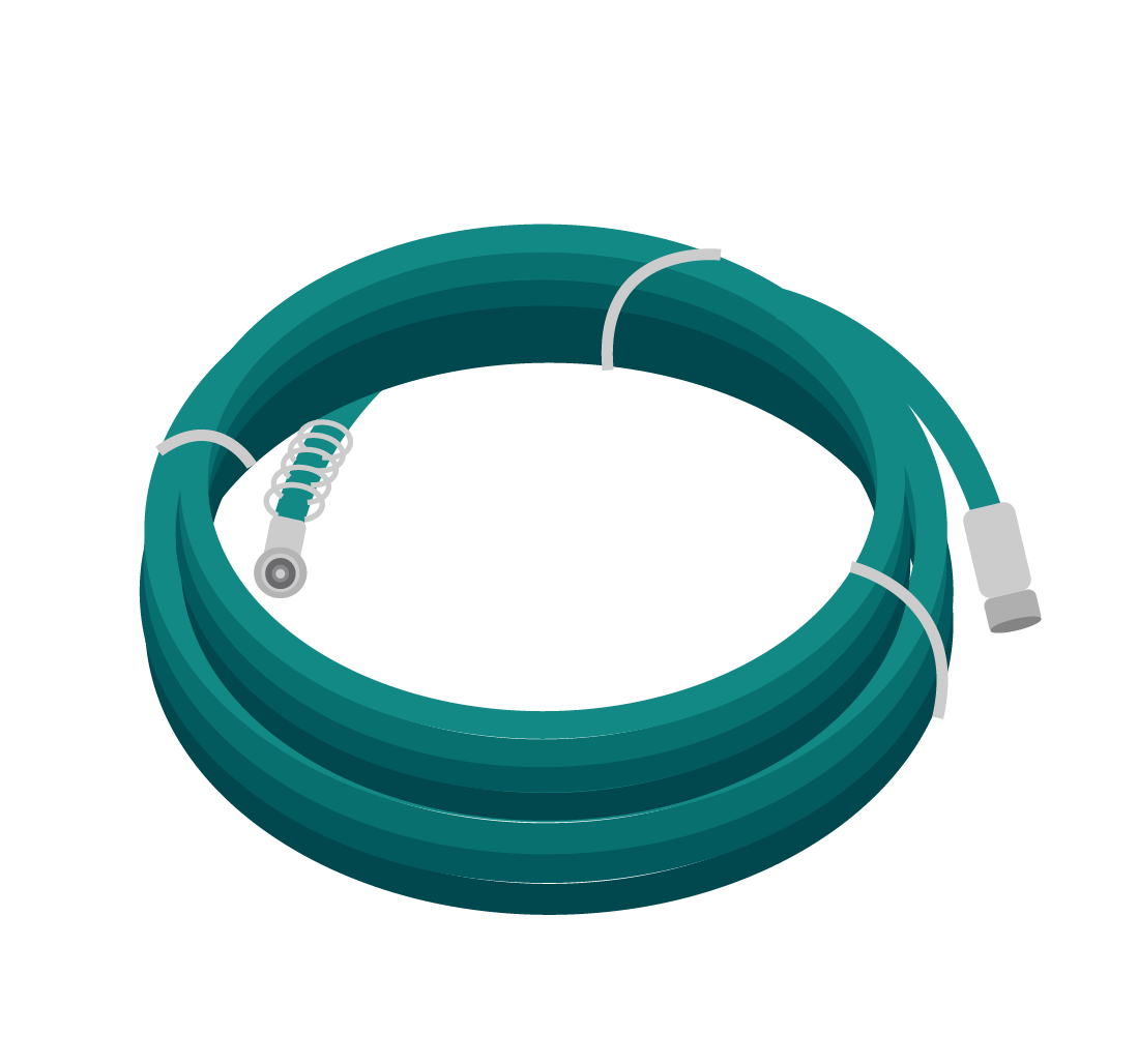 Conjunto de ilustrações dos acessórios do equipamento airless. A primeira é de uma mangueira; a segunda, de três filtros cilíndricos; a terceira, de três cabos extensores; a quarta, de um cabo extensor com um rolo acoplado; a quinta, de uma conexão para o cabo extensor giratória; a sexta, de um suporte para o bico; a sétima, de uma guia acoplada ao cabo extensor; a oitava, de uma bandeja aparadora de tinta acoplada ao cabo extensor.