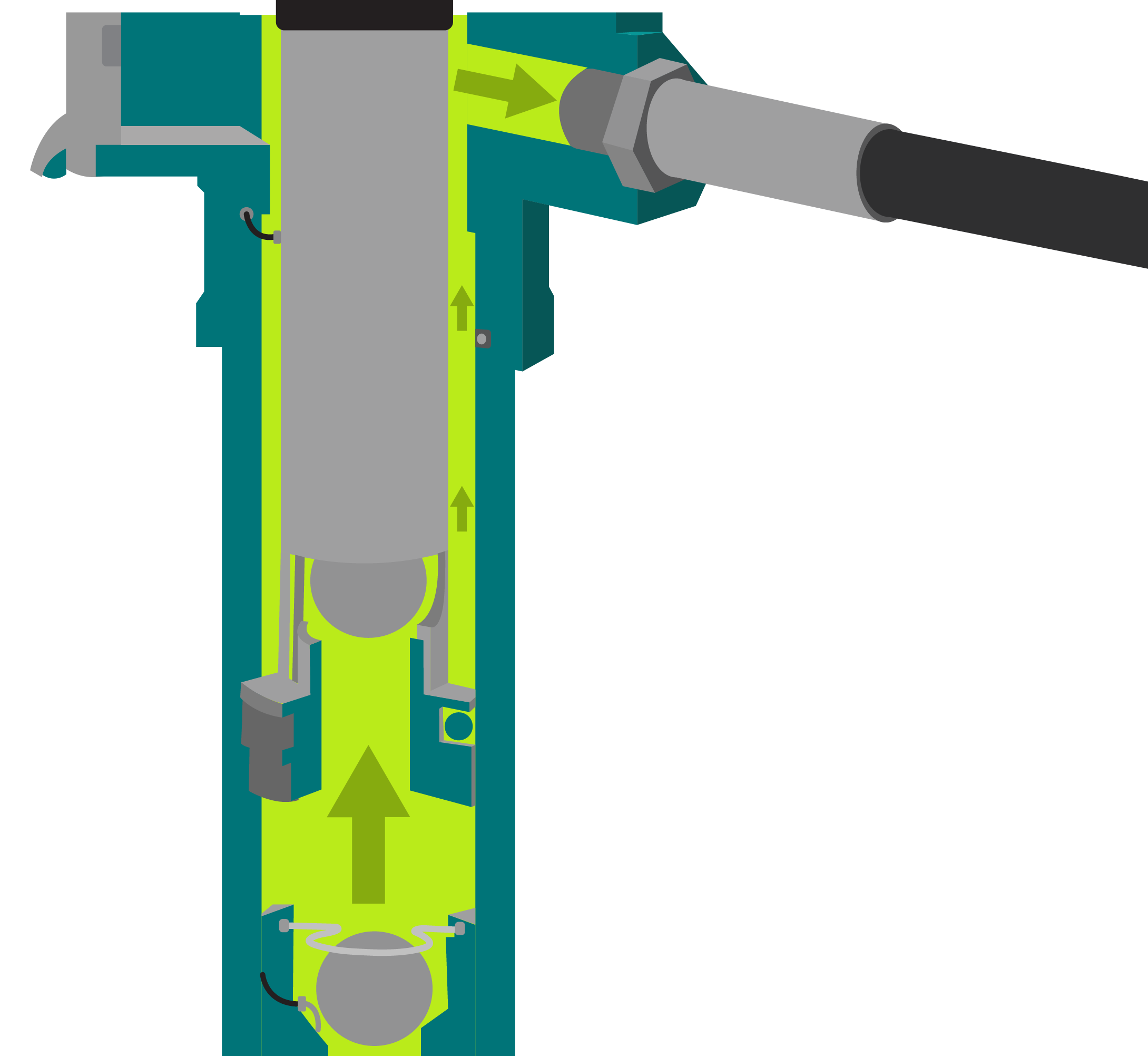 Ilustração do interior de uma bomba com pistão. Com setas indicativas de funcionamento. Nela, o ar entra por baixo da câmara e empurra a tinta para o bico.