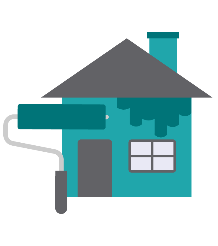Ilustração em forma de ícone que retrata uma casa azul, bem simples, sendo pintada. Do seu lado esquerdo há um rolo de tinta com a mesma cor em que a casa está sendo pintada: azul-cobalto.
