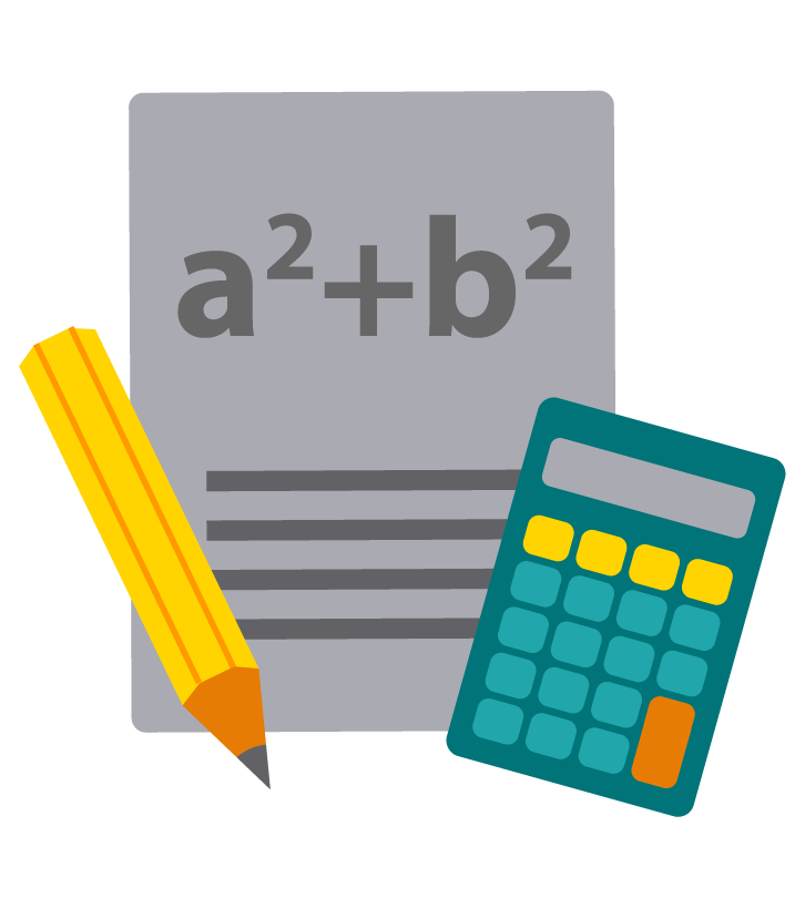 Ilustração em forma de ícone, que demonstra uma folha com cálculos matemáticos, do seu lado direito está uma calculadora e à esquerda, um lápis amarelo.