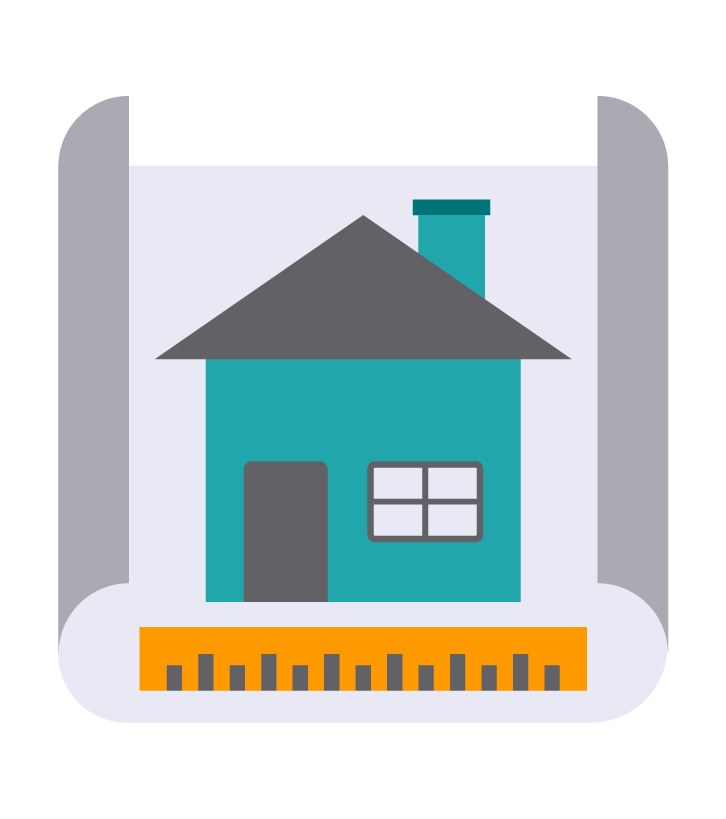 Ilustração em forma de ícone que representa uma casa azul desenhada em uma folha. Logo abaixo há uma régua.