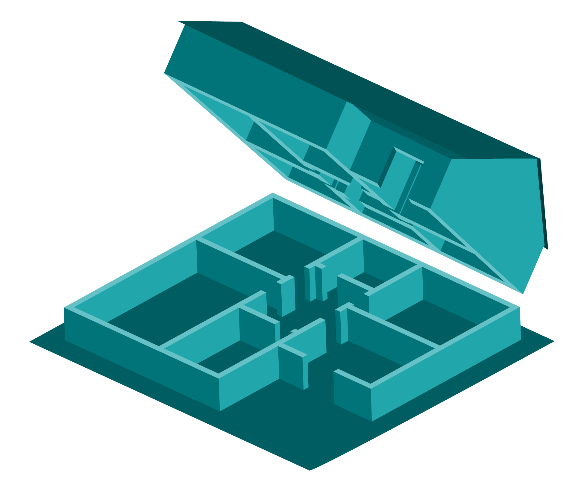 Ilustração de casa cortada em duas partes demonstrando o corte horizontal da planta baixa.