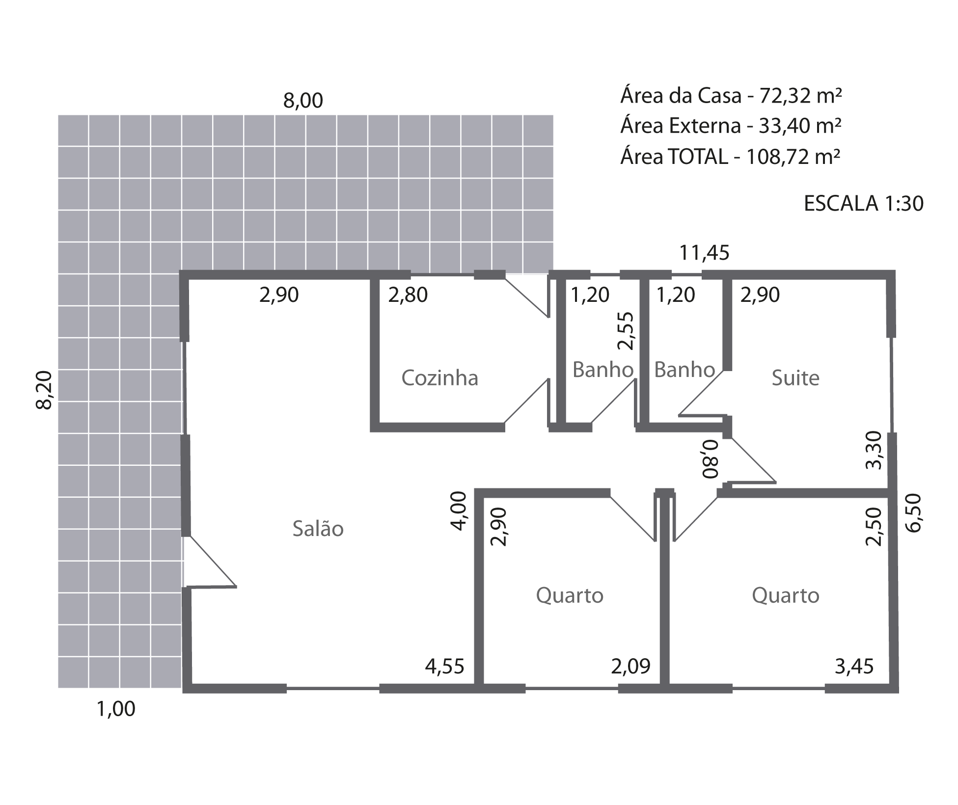 Ilustração de uma planta baixa escalonada, ou seja, com as medidas de cada cômodo da residência.