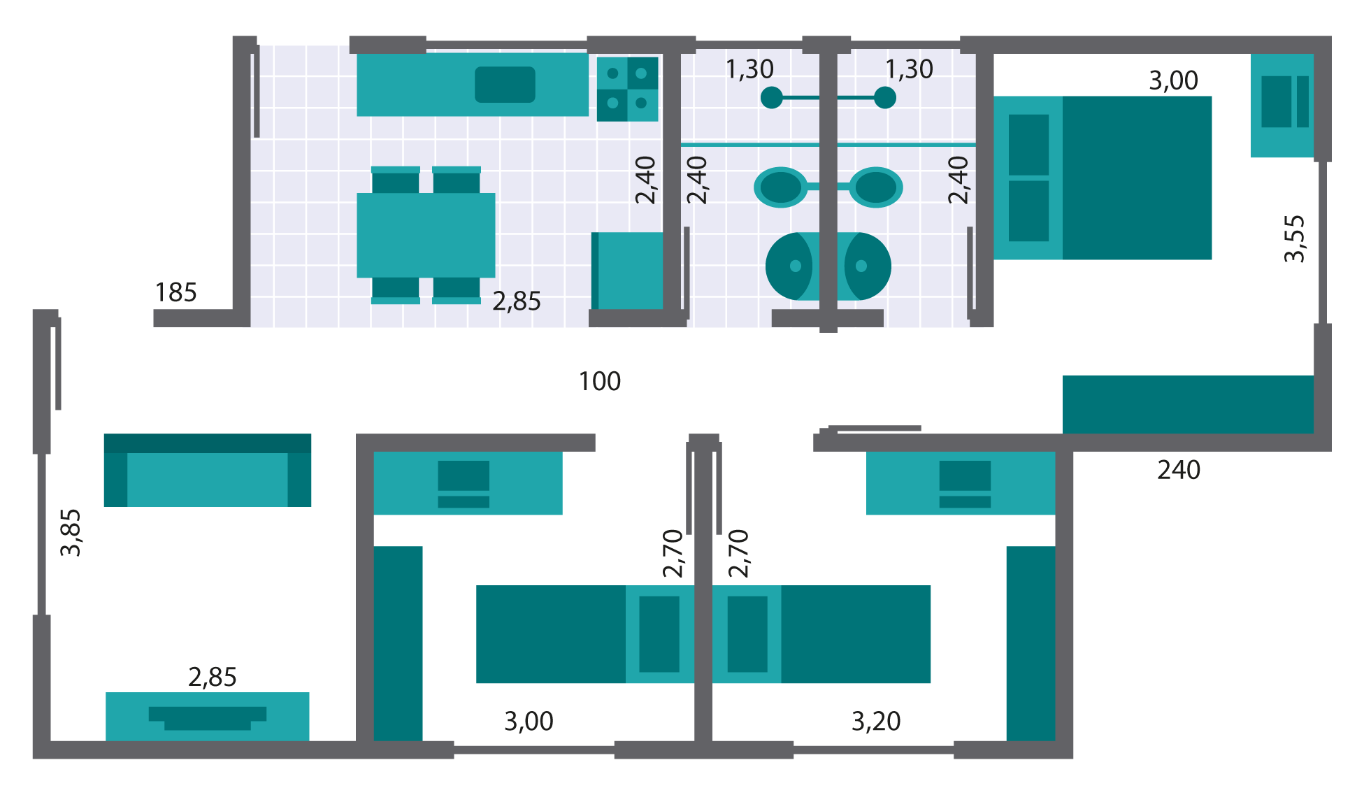 Ilustração de uma planta baixa com a representação de todo o mobiliário da residência, tendo detalhado em cada cômodo e qual espaço ocupa.