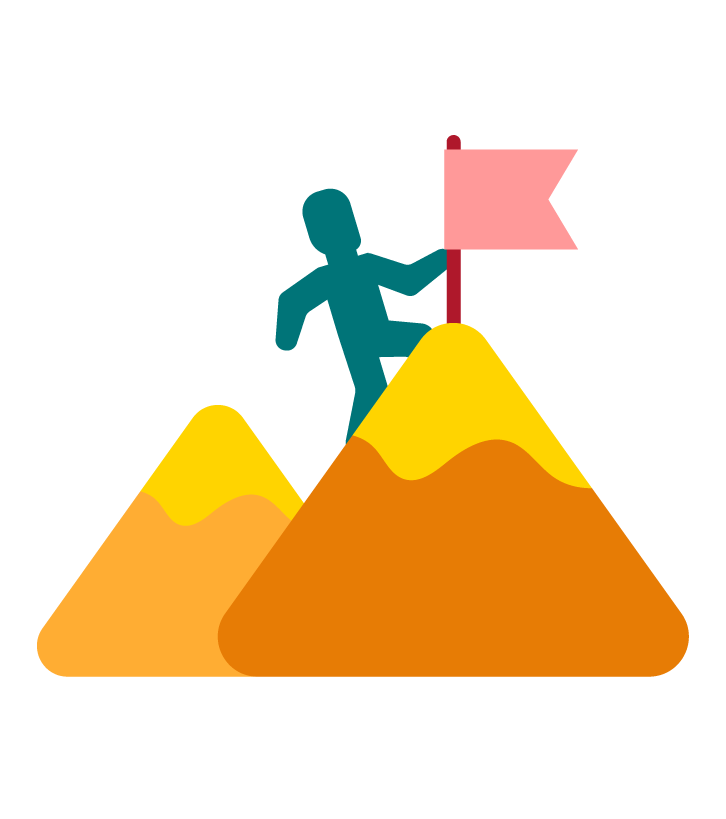 A ilustração mostra duas montanhas, uma sobreposta a outra. Ambas são de cor mostarda, sendo que a neve em seus picos é em amarelo. Na maior, há uma bandeira cor-de-rosa, sendo que ao seu lado há um bonequinho representando que finalmente ele chegou lá.