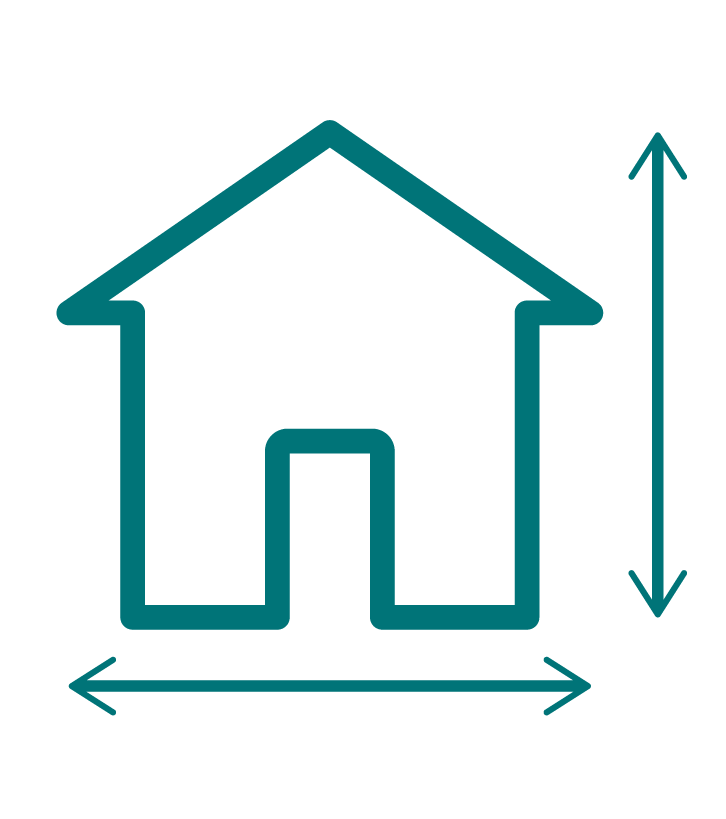 Ilustração é um ícone que retrata uma casa, sendo que na sua lateral direita e a parte inferior há uma seta com duas pontas, que significam metragem.