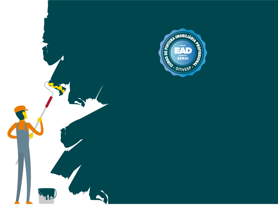 Representação ilustrativa de um homem pintando uma parede com um cabo extensor e um rolo. Ao seu lado, um balde de tinta.