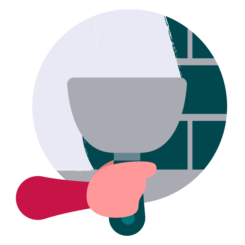 Ícone ilustrado de uma mão rebocando uma parede com o auxílio de uma espátula.