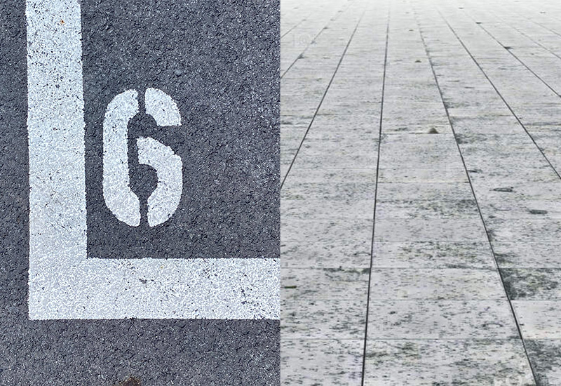 Composição de duas otografias com dois tipos de piso diferentes. O da esquerda é asfaltado e há um número seis pintado nele. O da direita é constituído de placas quadradas de concreto. 