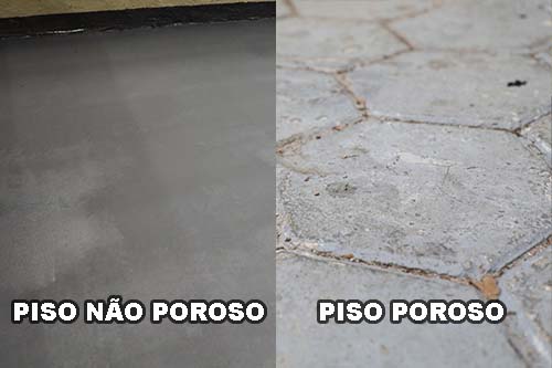 Composição de duas fotografias. A da esquerda é de um piso de concreto liso/piso não poroso. A da direita é de um piso de concreto poroso. 